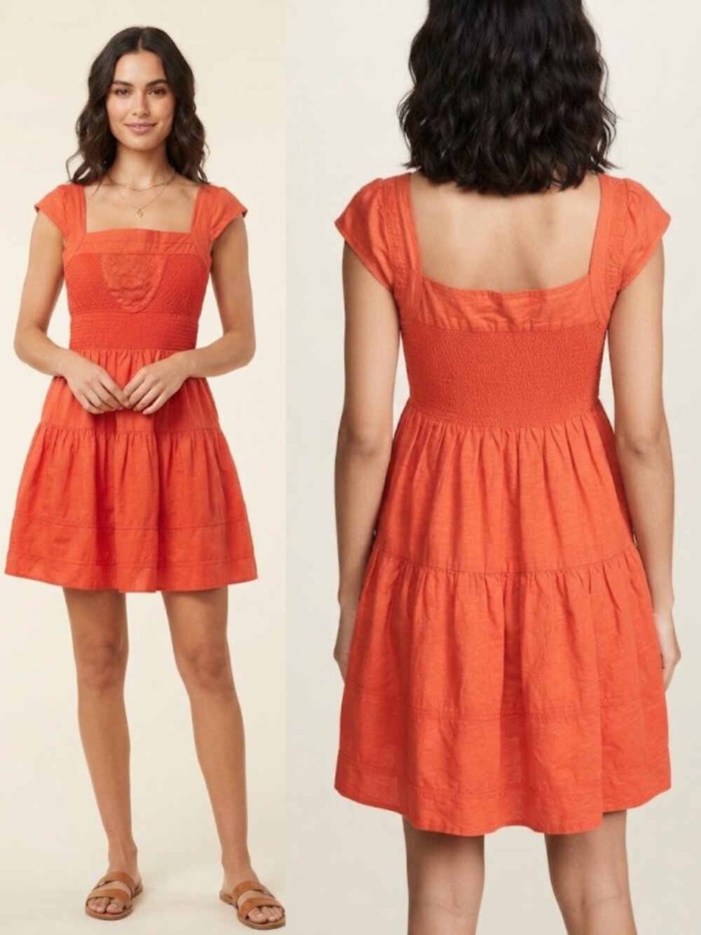 Maeve Anthropologie Coral Orange Mini Dress, Smocked Tiered Boho Size 12